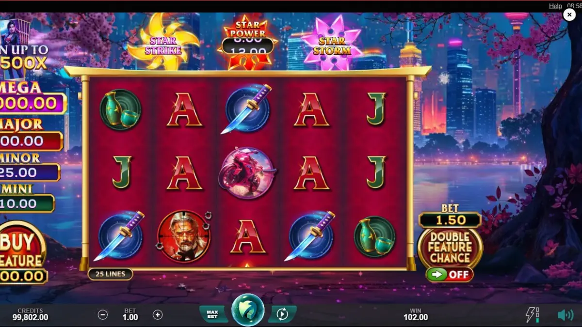 Tampilan visual neon-noir dari slot Assassin Star dengan elemen futuristik Jepang