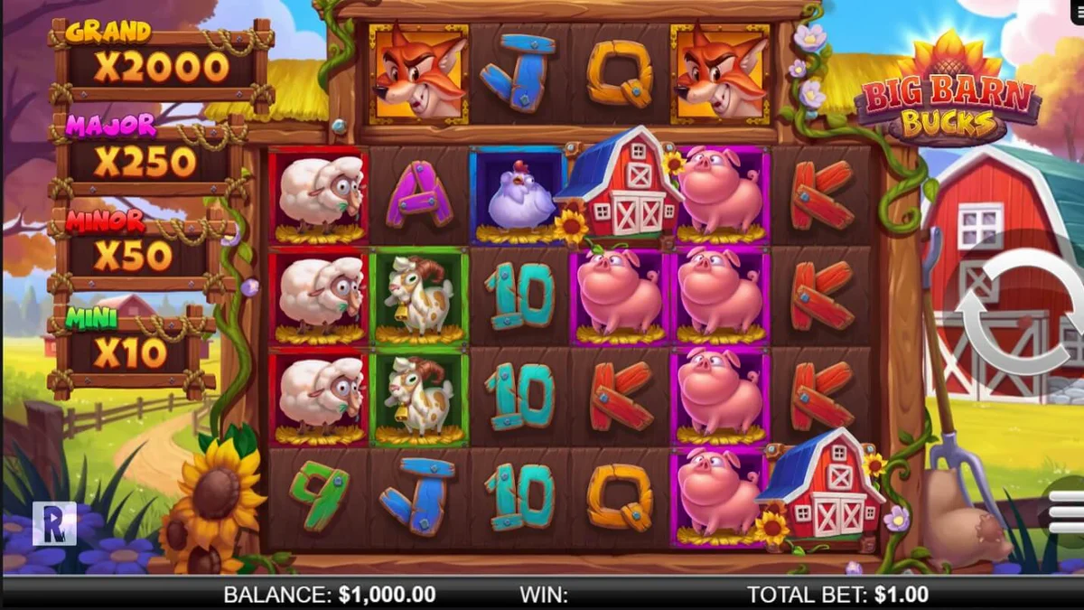 Tampilan antarmuka permainan slot Big Barn Bucks dengan tema peternakan yang ceria