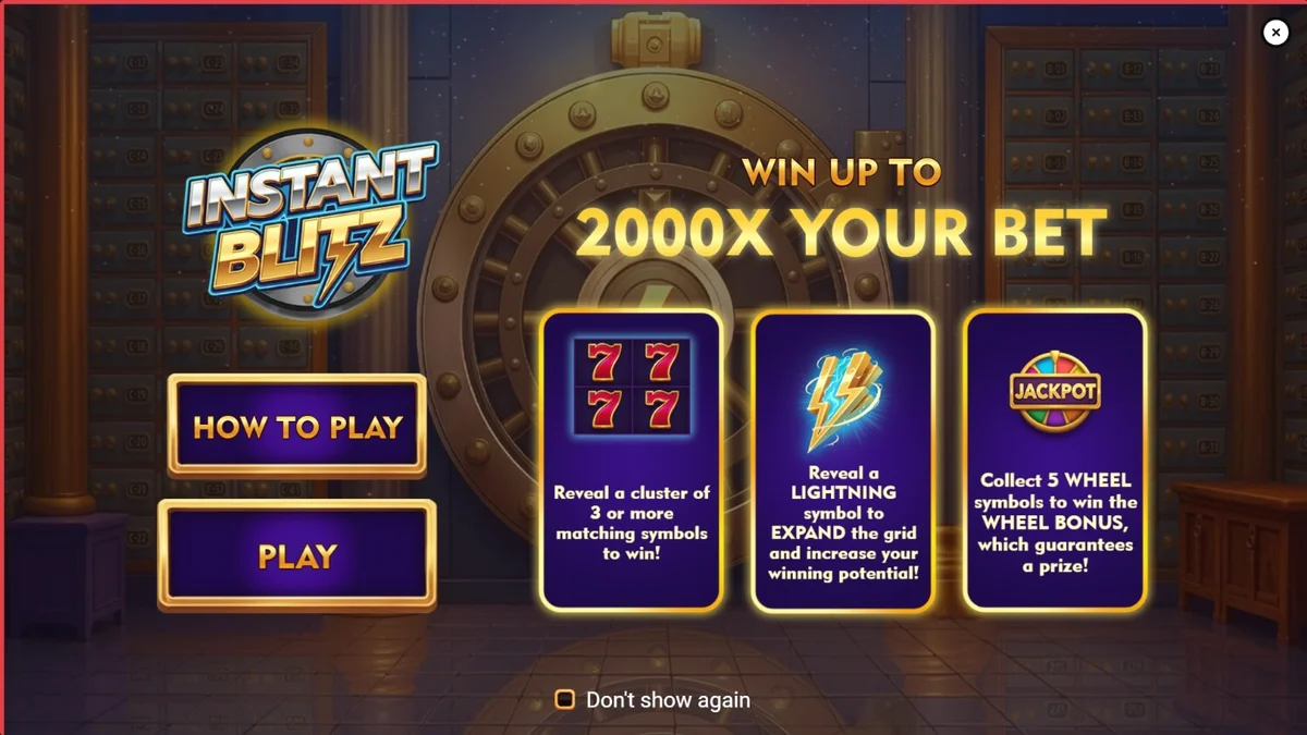 Tampilan visual slot Instant Blitz dengan tema brankas neon dan simbol mewah