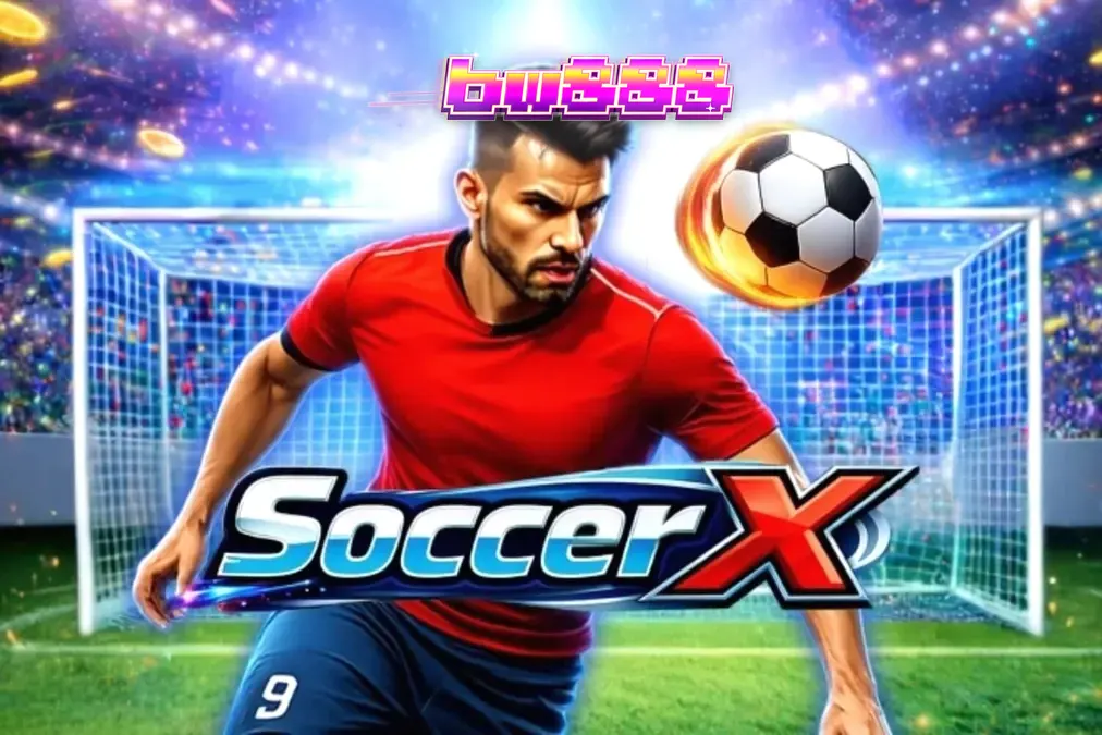 Tampilan antarmuka permainan slot SoccerX dengan latar belakang stadion sepak bola yang megah.